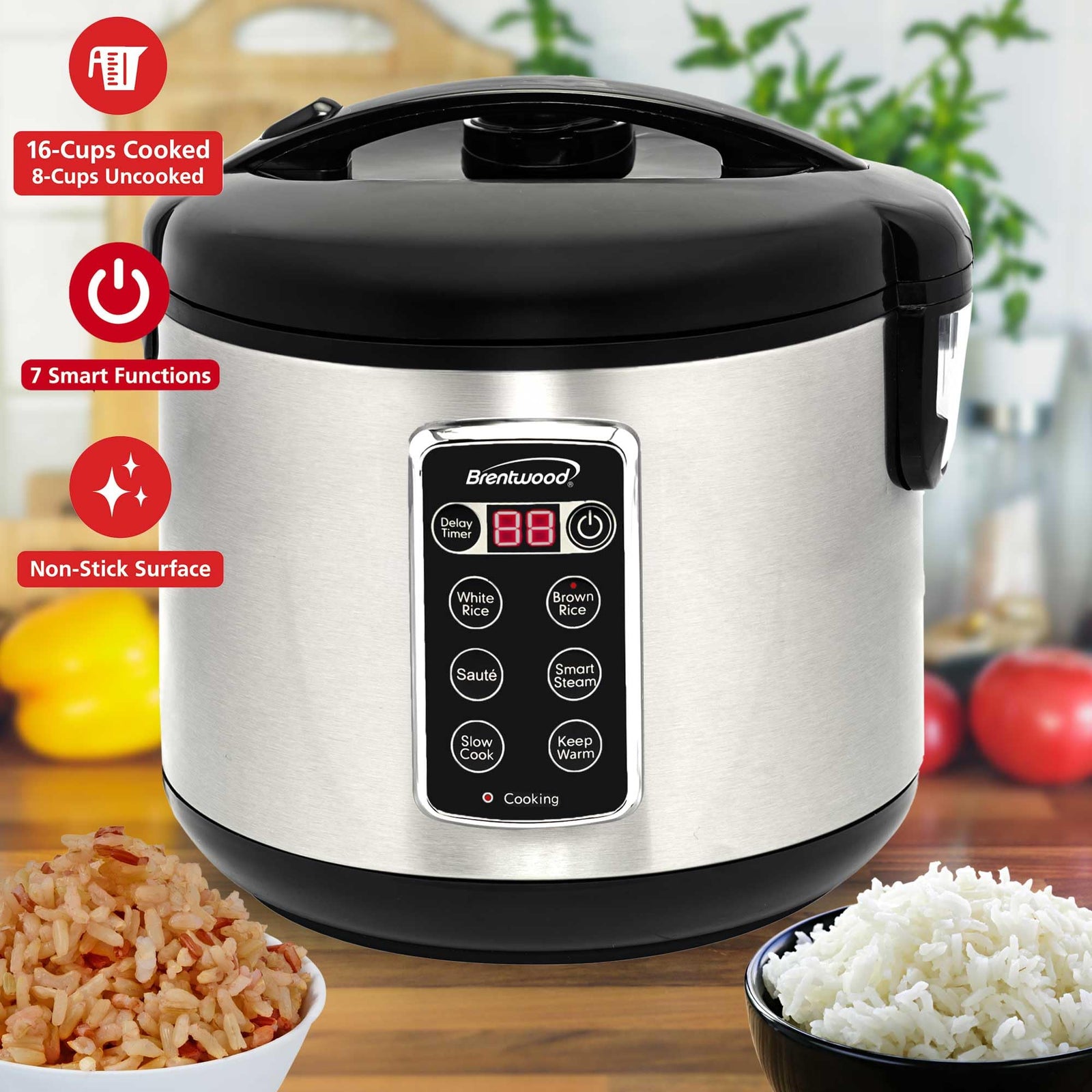 Brentwood RC-5116DS 6-Function Smart Multi-Cooker, 16 Cups Cooked, Stainless Steel