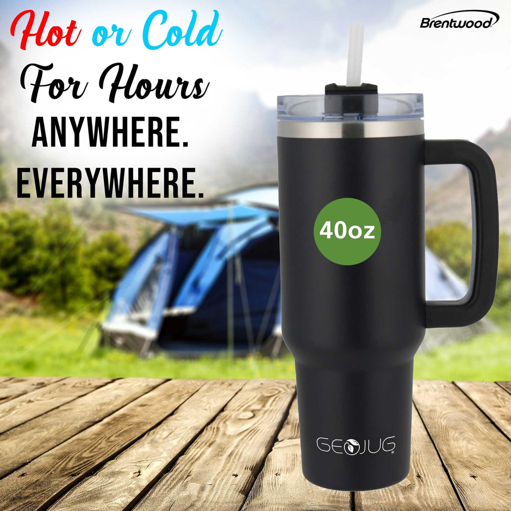 Brentwood GEOJUG 40 oz Insulated Stainless Steel Tumbler – Black with Handle, Lid & Straw