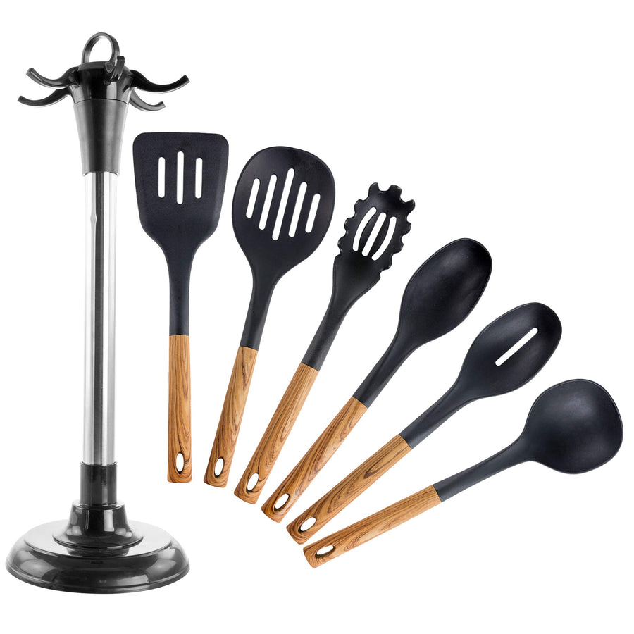 MegaChef 7 piece black nylon cooking utensil set with wood-look handles and rotating stand
