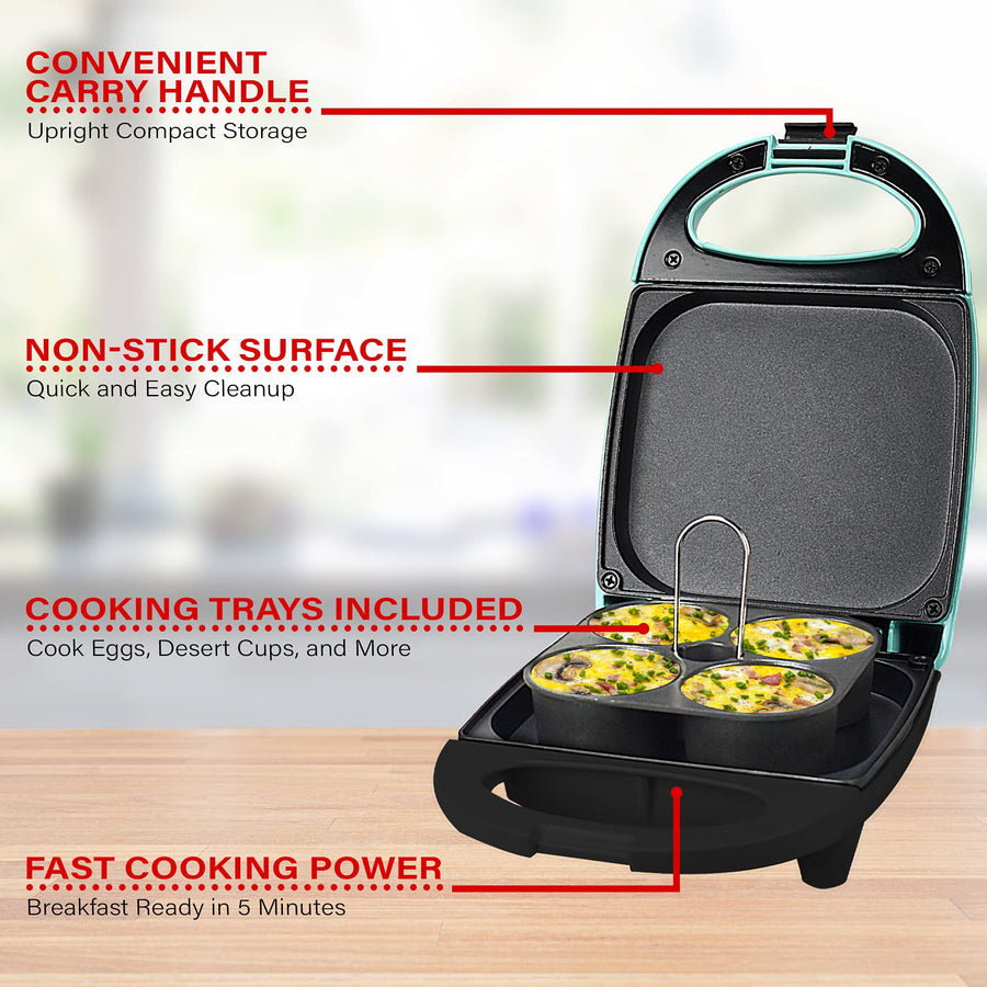 Brentwood blue egg bite maker with cool touch carry handle, nonstick surface and included cooking trays