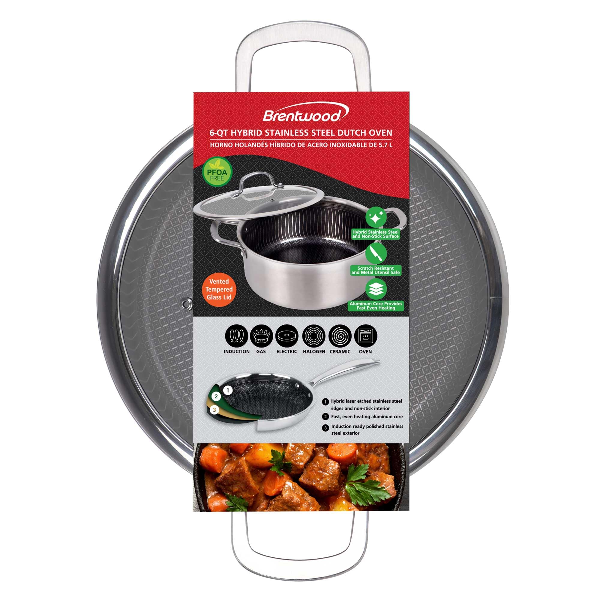 Brentwood B-DUH26L 6-Quart 3-Ply Hybrid Non-Stick Stainless Steel Dutch Oven with Glass Lid