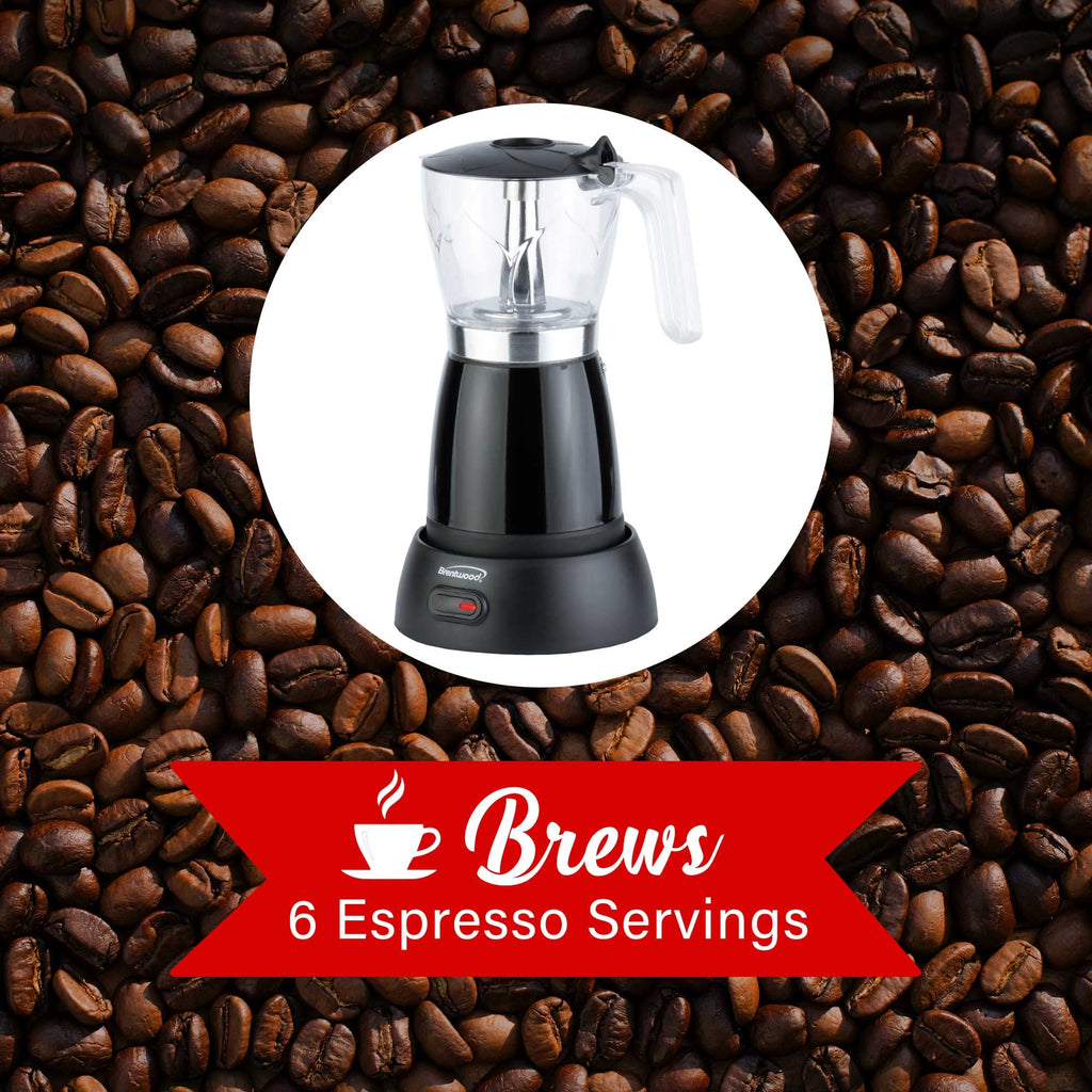 Brentwood TS-119BK Cordless Electric Moka Pot Espresso Machine - Black, 550W, Brews 3-6 Servings, 360° Swivel Base