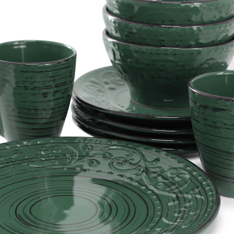 Elama Malibu Sea Glass 16-Piece Stoneware Dinnerware Set, Reactive Glaze Dark Green - Service for 4