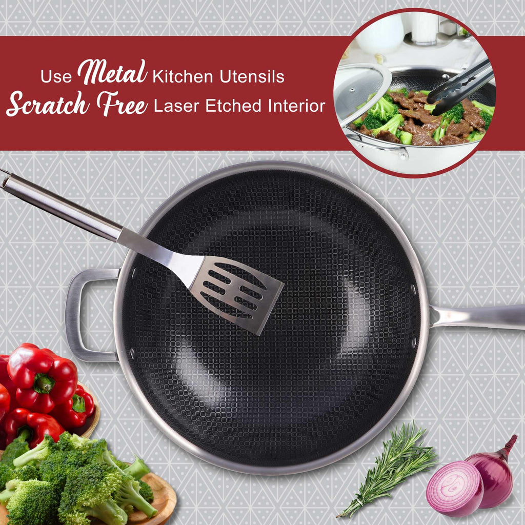 Brentwood B-WH30L 12-Inch 4.2-Quart 3-Ply Hybrid Non-Stick Stainless Steel Wok with Tempered Glass Lid - Induction Ready