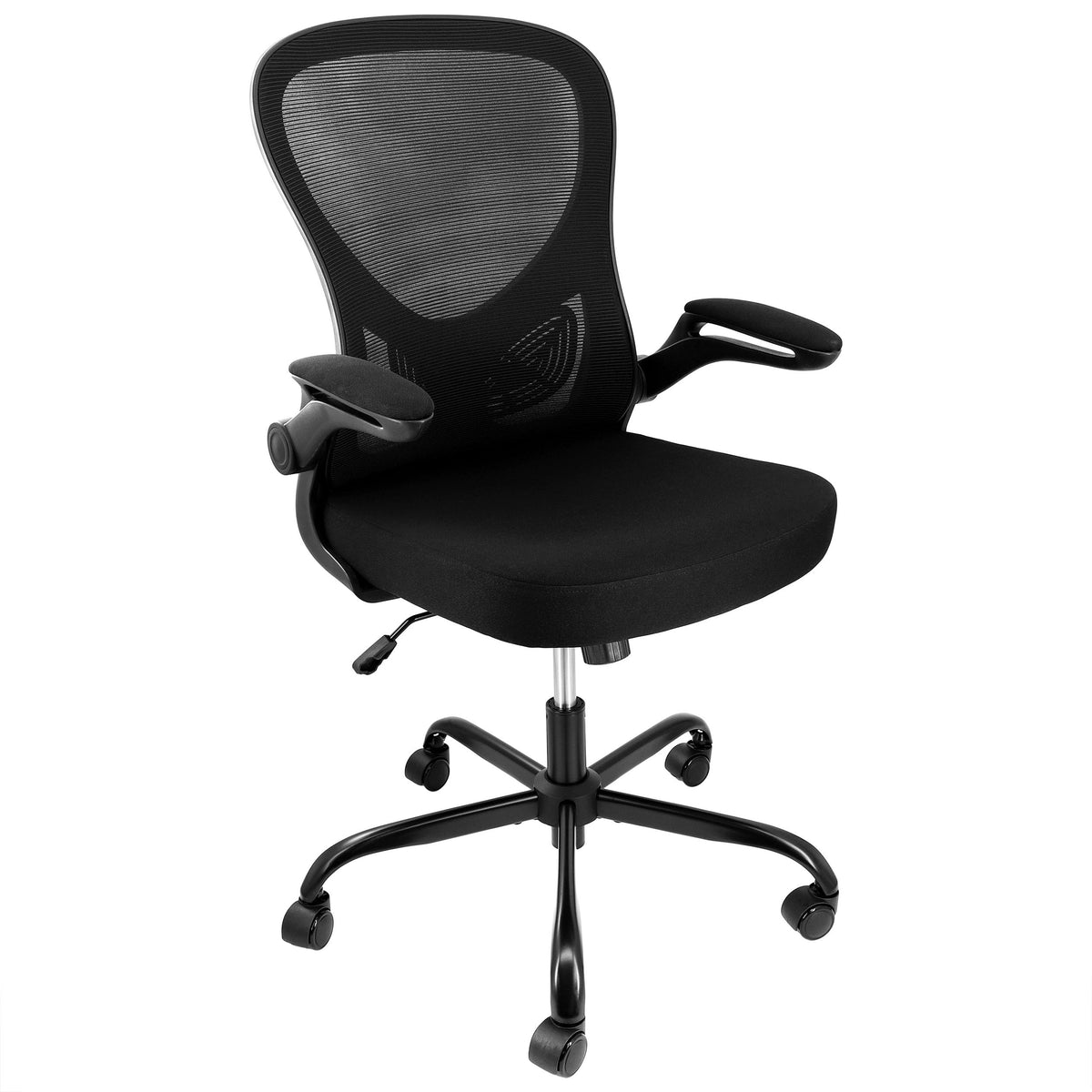Elama mid-back office chair in black with a breathable mesh back and padded armrests, front three-quarter view