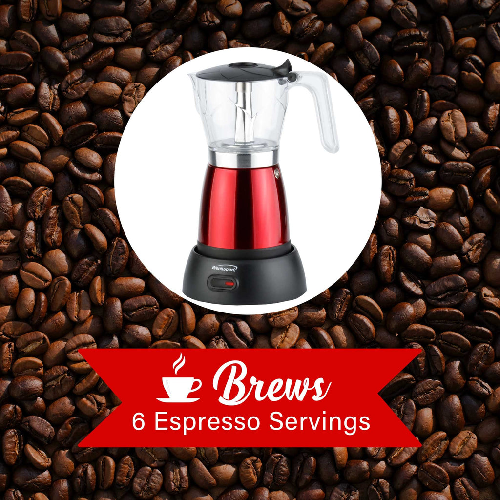 Brentwood TS-119R Cordless Electric Moka Pot Espresso Maker - Red, 550W, Brews 3 to 6 Servings
