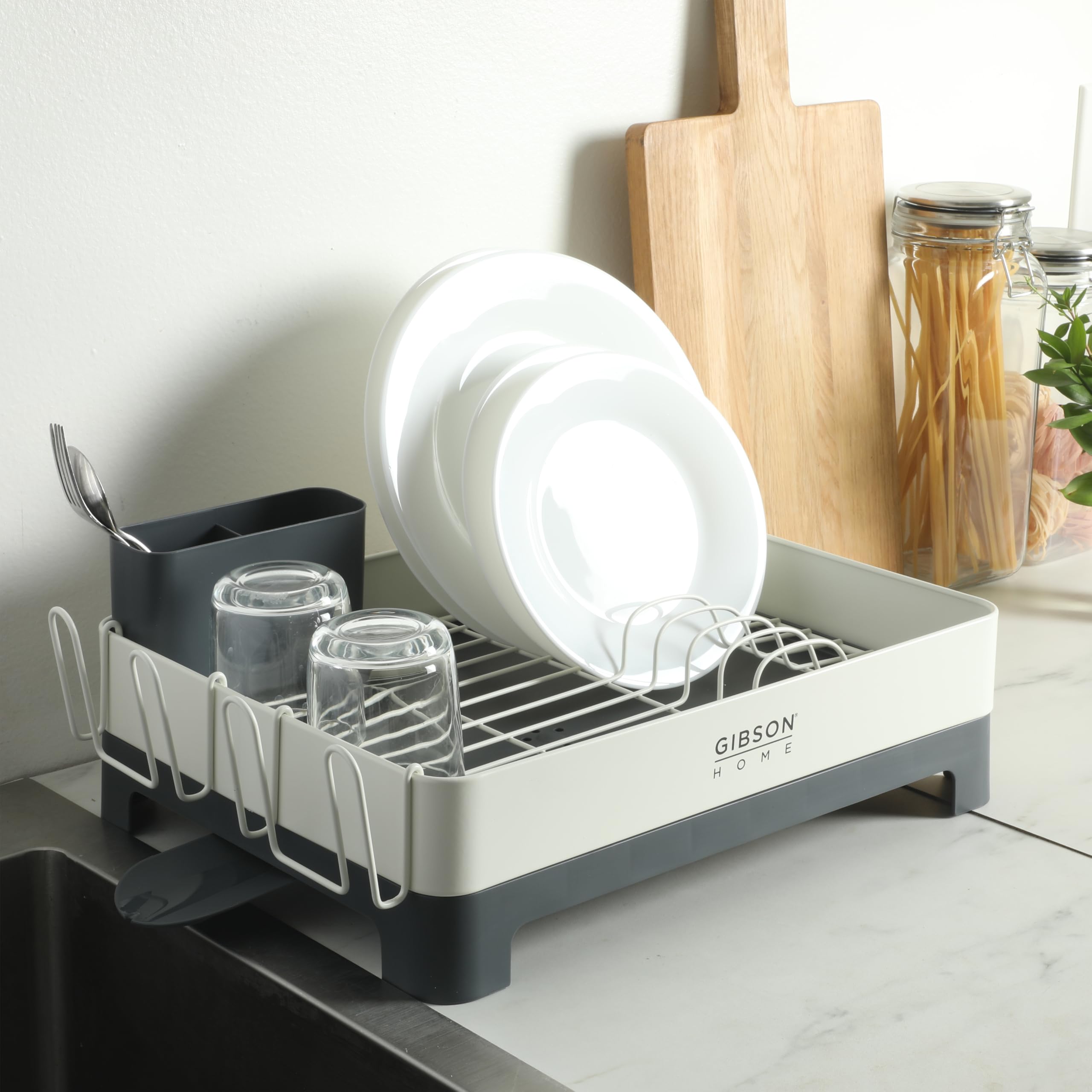 Gibson Home Nestcraft Stainless Steel Dish Rack with Swivel Drain Spout, White