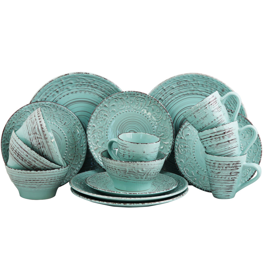 Elama Malibu Waves turquoise stoneware dinnerware set for 4 with plates, bowls and mugs