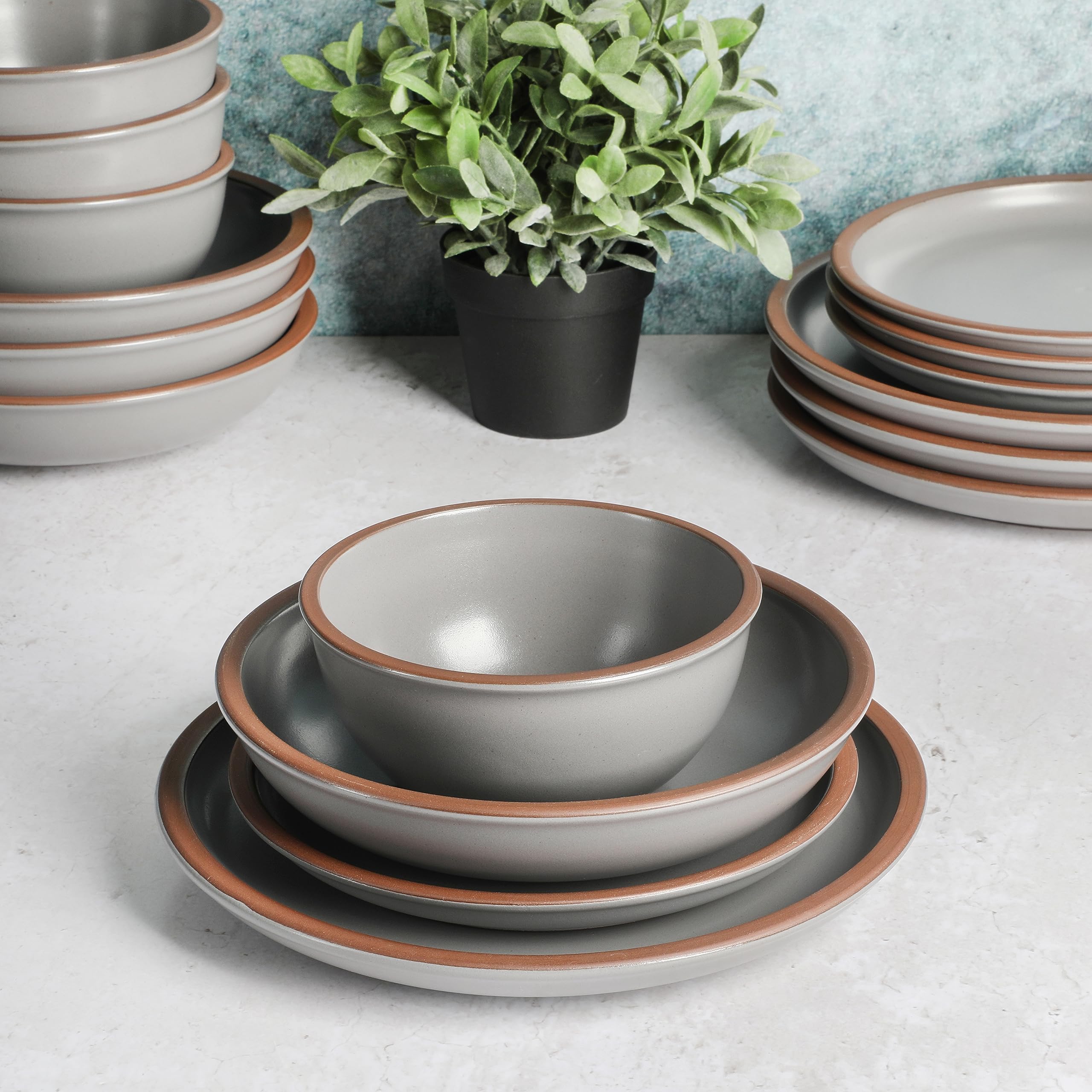 Gibson Elite Lagos 16-Piece Coupe Stoneware Dinnerware Set – Light Grey Matte Service for 4