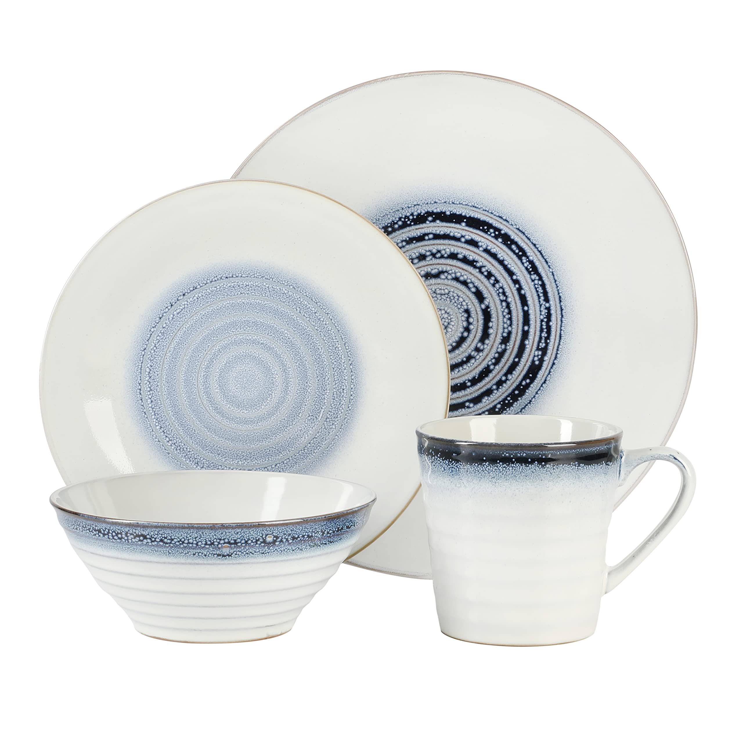 Gibson Elite Spiral Reactive 16-Pc Dinnerware Set – Blue Embossed Stoneware Service for 4, Microwave & Dishwasher Safe