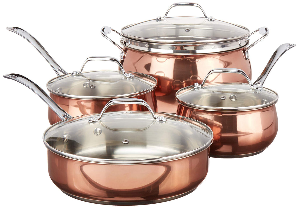 Oster Carabello 9-Piece Stainless Steel Cookware Set - Copper Finish, Induction Ready with Tempered Glass Lids