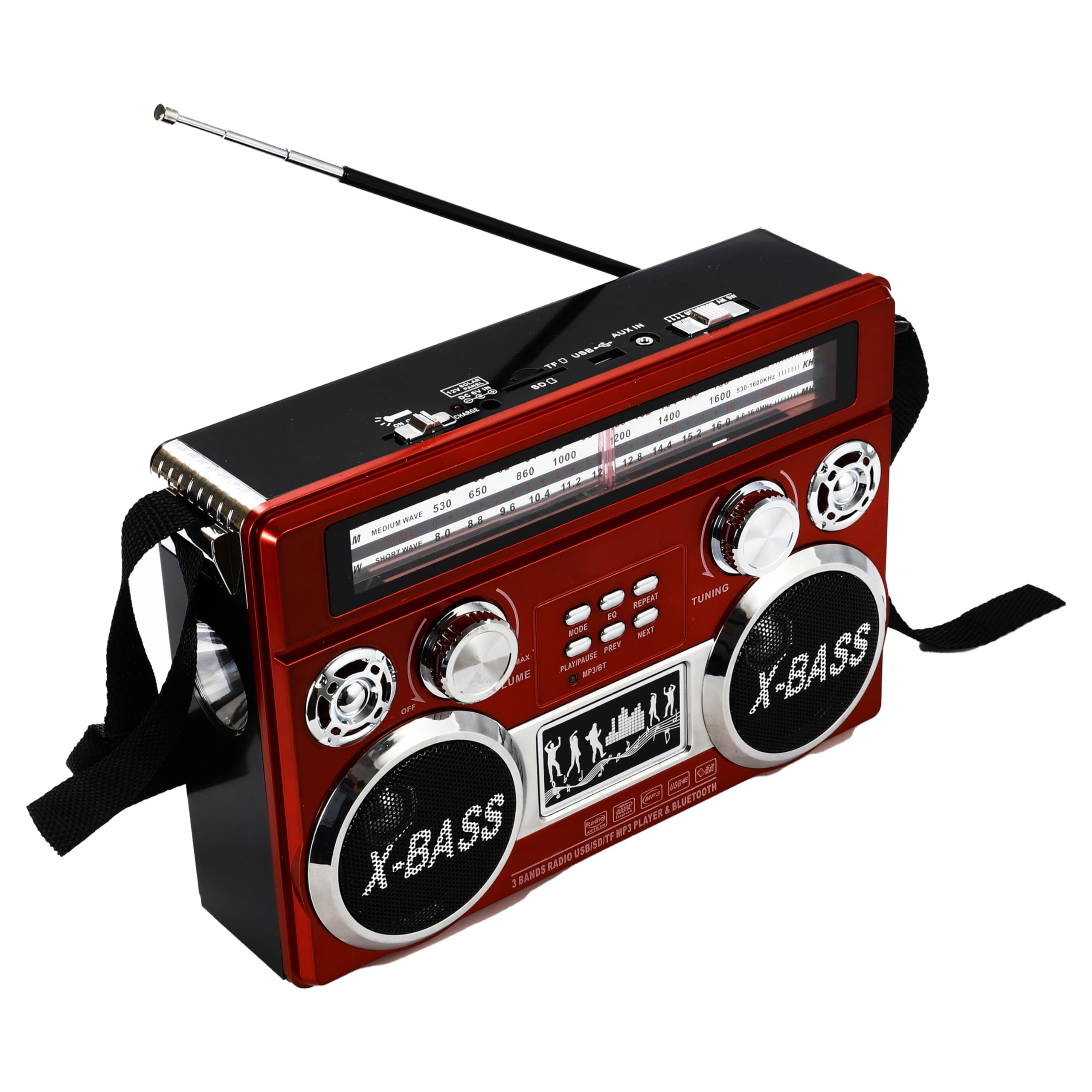 SuperSonic SC-1097BT 3-Band AM/FM/SW Bluetooth Radio with Flashlight - Red