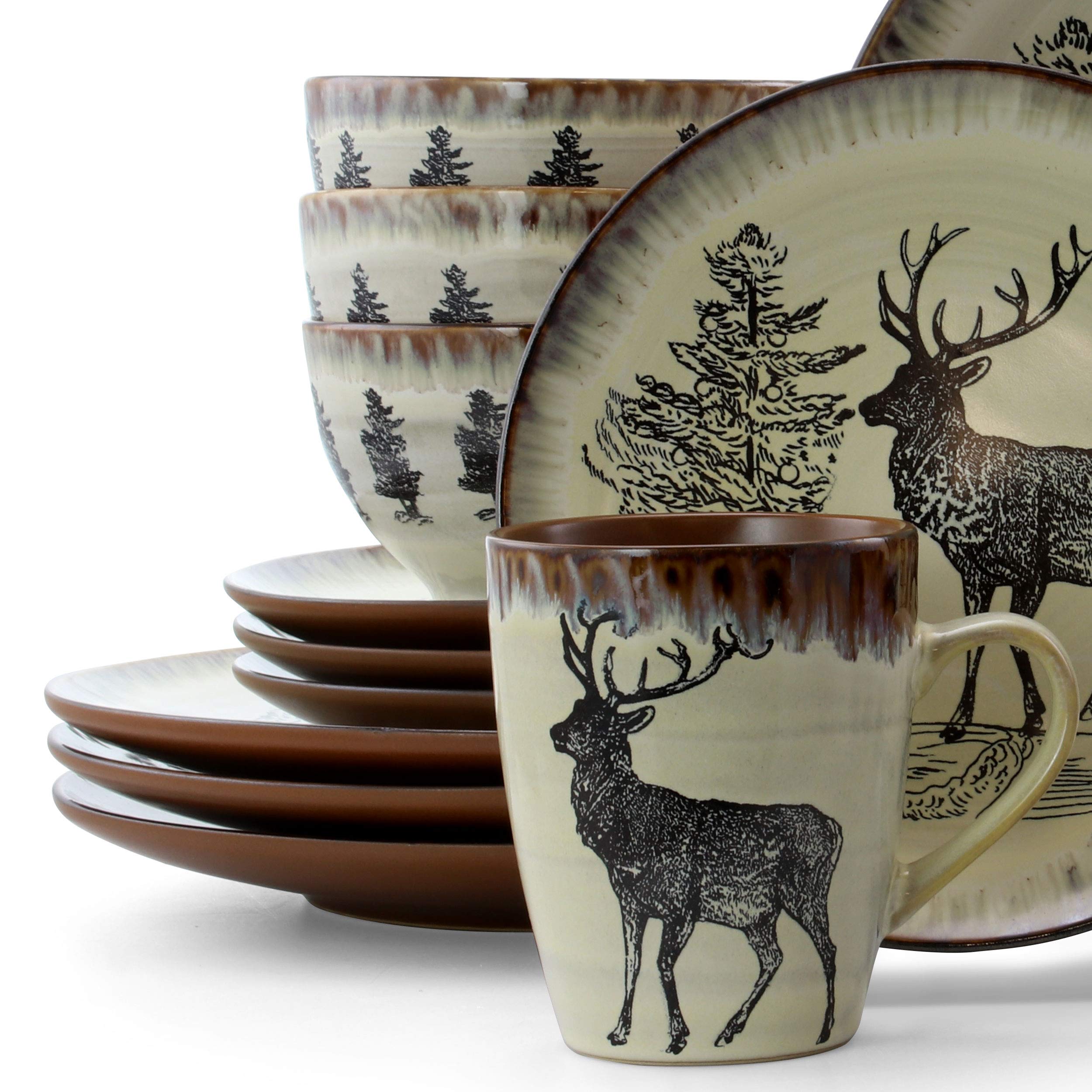 Elama Majestic Elk 16-Piece Round Stoneware Dinnerware Set – Taupe Wildlife Service for 4