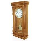 Bedford Clock Collection Golden Oak Chiming Pendulum Wall Clock – Quartz Westminster Chimes, Golden Accents with Swinging Pendulum & Roman Numeral Dial