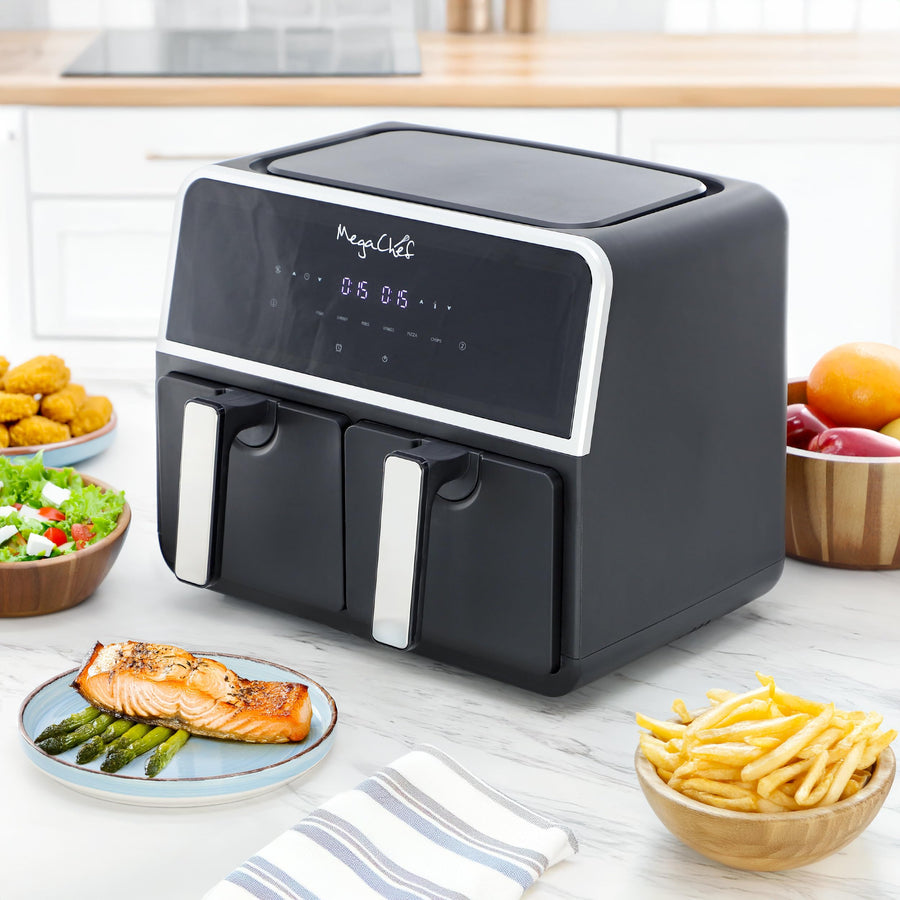 MegaChef MCAI-DUAL Dual Basket 1700W Digital Air Fryer, Two Independent 4.8-Quart Zones, 9.6-Quart Total, LED Touch Display, Black and Stainless Steel