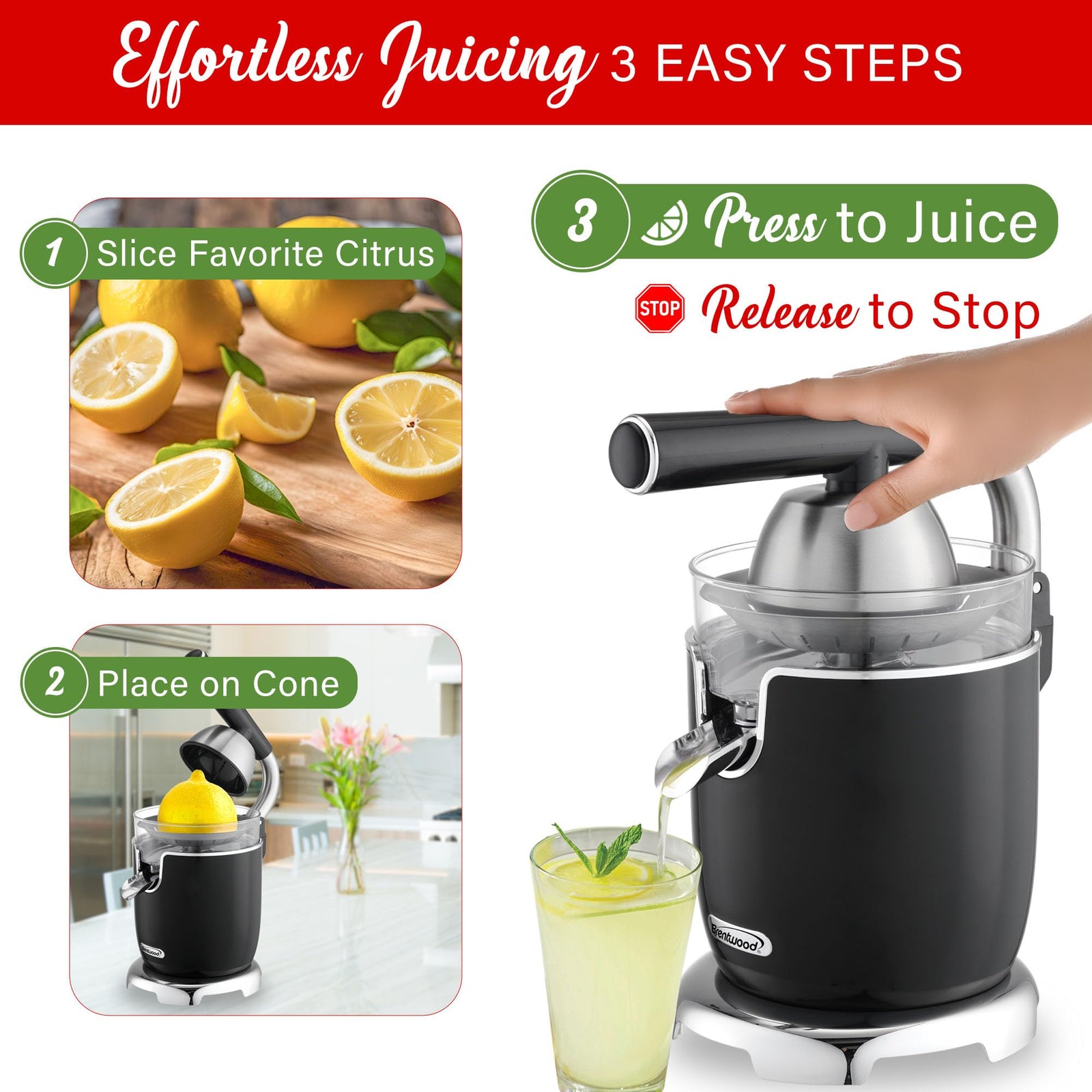 Brentwood J-28BK 200W Electric Citrus Juicer with Ergonomic Lever, Black
