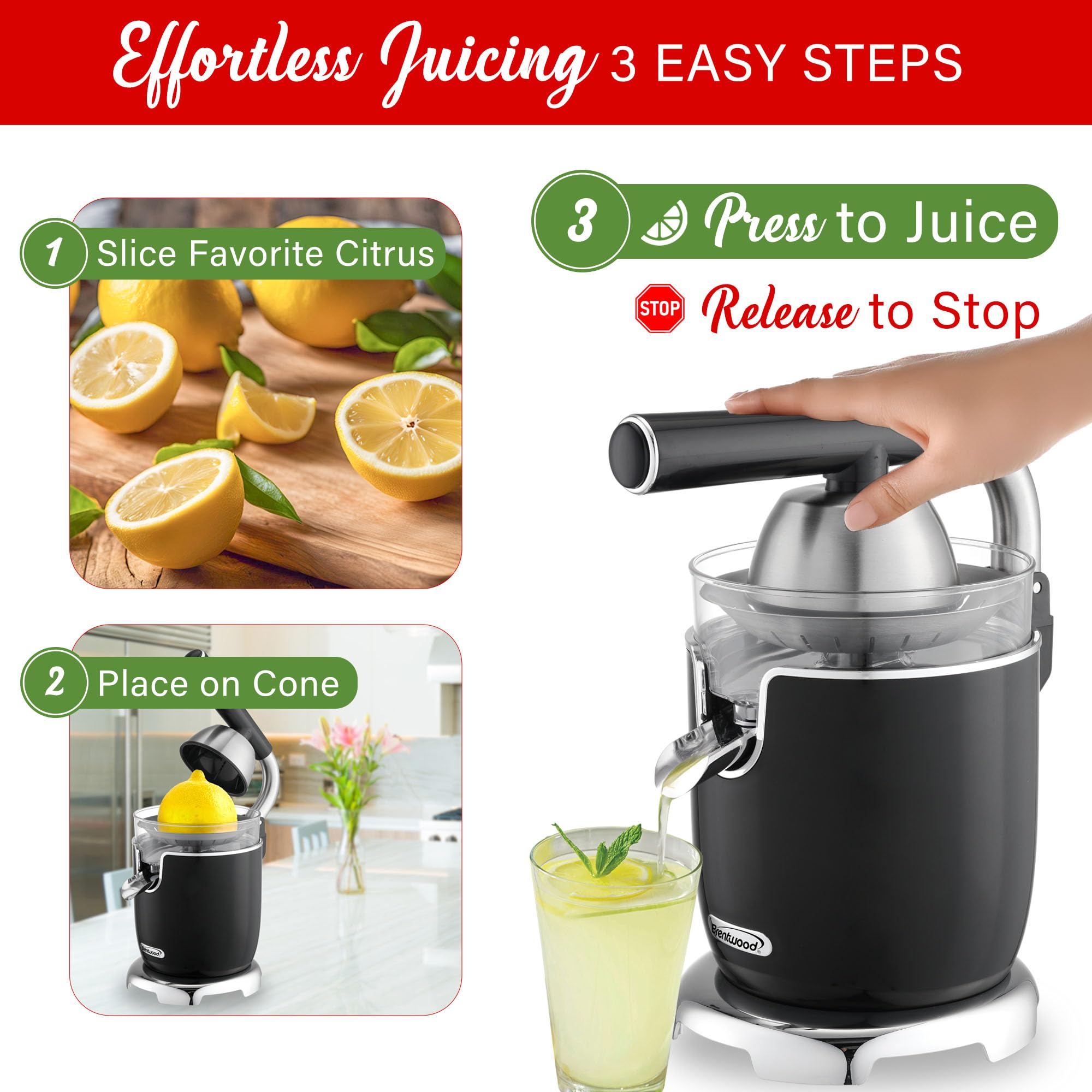 Brentwood J-28BK 200W Electric Citrus Juicer with Ergonomic Lever, Black