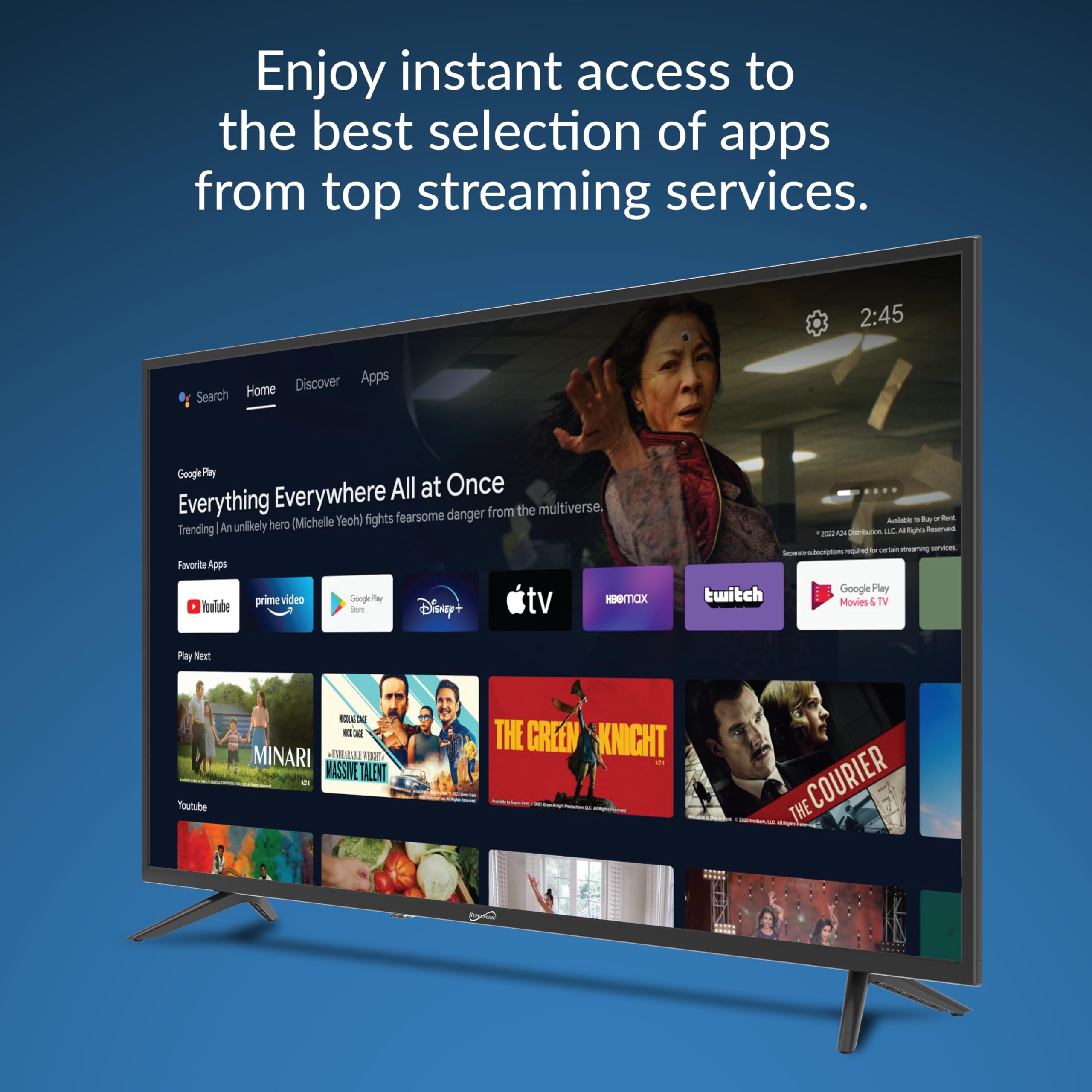 SuperSonic SC-4350GTV 43-Inch 1080p Full HD Smart LED TV - Google Assistant, 3 HDMI, Optical Out, Ethernet