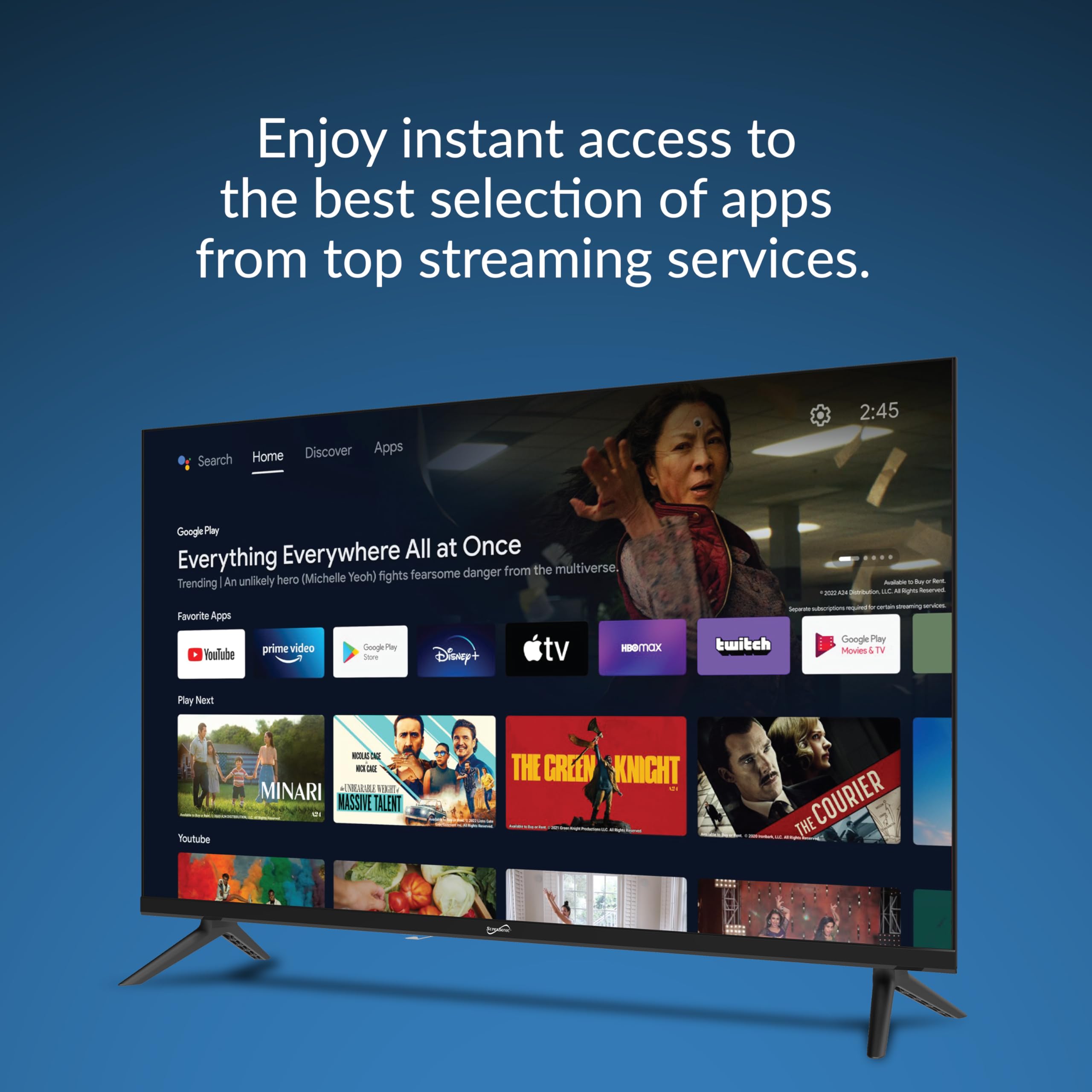 SuperSonic SC-3250GTV 32-Inch LED Android Smart HDTV - Google Assistant, 3 HDMI, Built-In ATSC Tuner, Wi-Fi, AC/DC Compatible