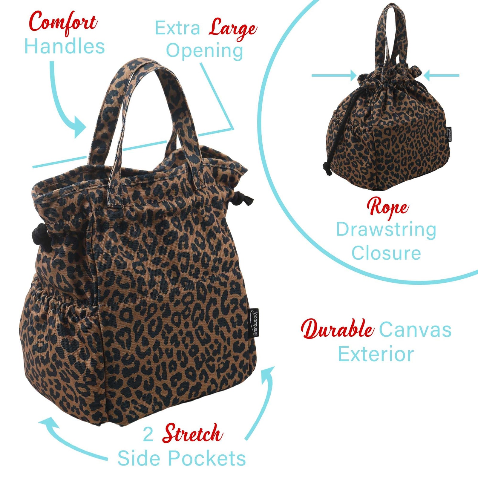 Brentwood 10L Insulated Canvas Lunch Tote Cooler Bag, Leopard Brown