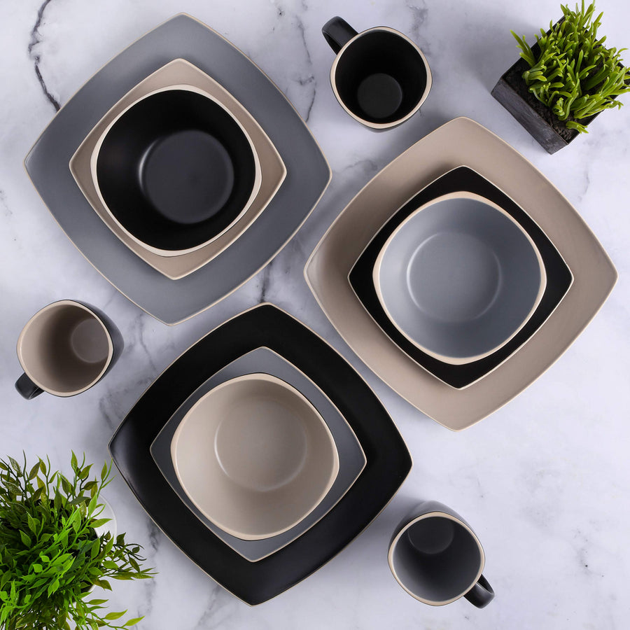 Gibson Elite Soho Lounge 16-Piece Square Stoneware Dinnerware Set, Service for 4, Matte Gray