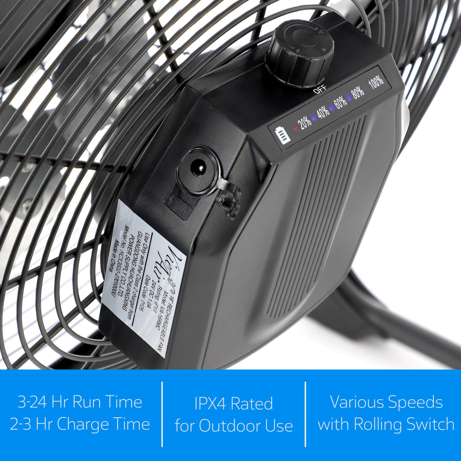 Vie Air 16 Inch Rechargeable Indoor/Outdoor Floor Fan, IPX4 Water-Resistant, Metal Blades with LED Light, Black