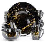 Elama Fine Marble 16 Piece Glossy Round Porcelain Dinnerware Set Black and Gold, Tableware Set, Serveware Set (Black)