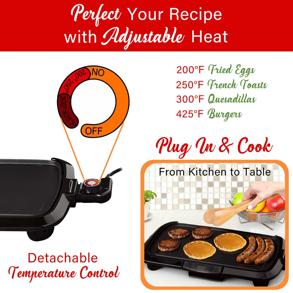 Brentwood TS-821 16 x 10 in Non-Stick Electric Griddle with Removable Drip Tray - Black, 1200W