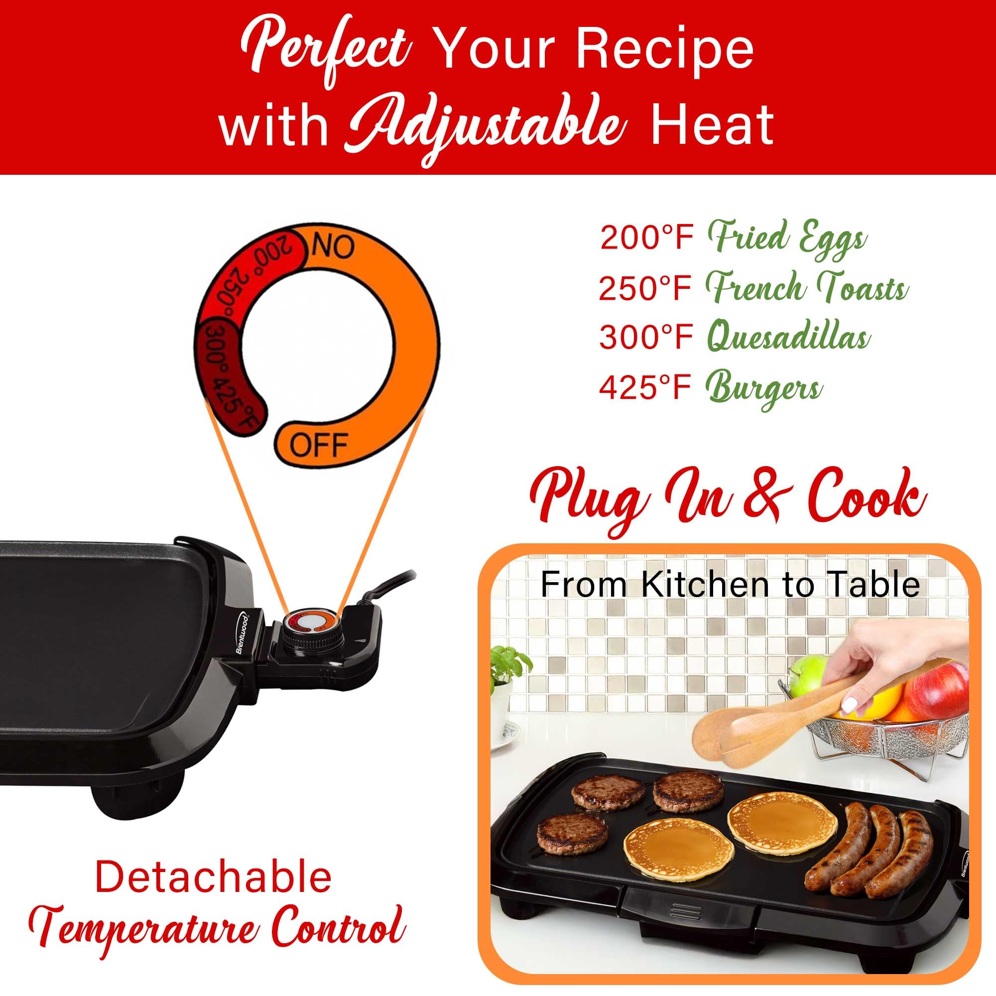 Brentwood TS-821 16 x 10 in Non-Stick Electric Griddle with Removable Drip Tray - Black, 1200W