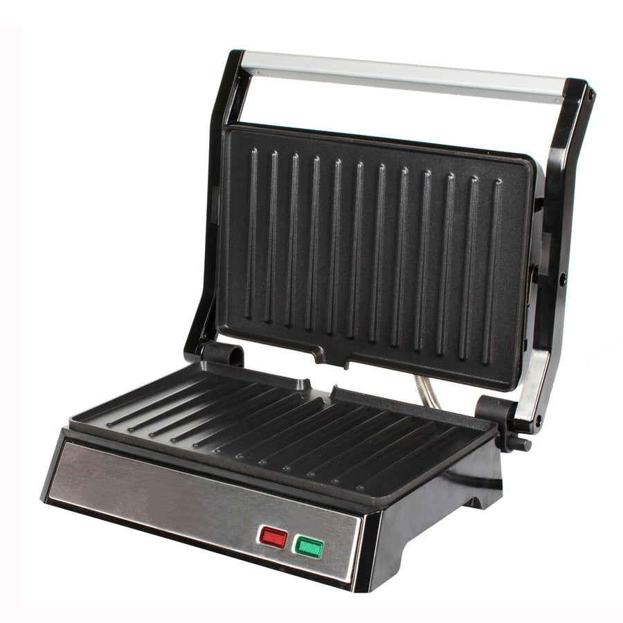 MegaChef MC-D048 Electric Dual Plate Nonstick Panini Grill and Sandwich Press with Drip Tray, Opens Flat to Grill, Silver
