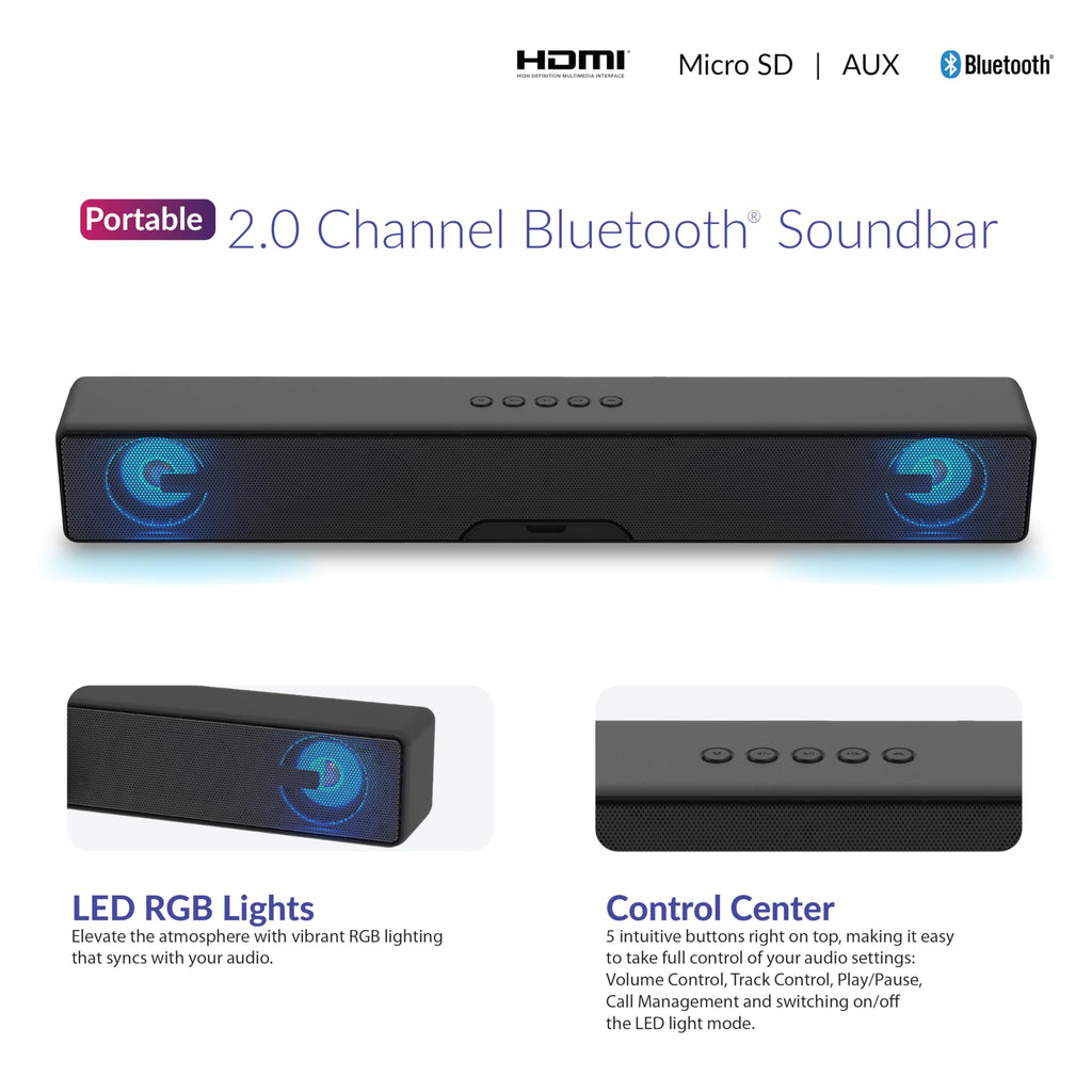 Supersonic Portable 2.0-Channel Bluetooth Soundbar with RGB Lights