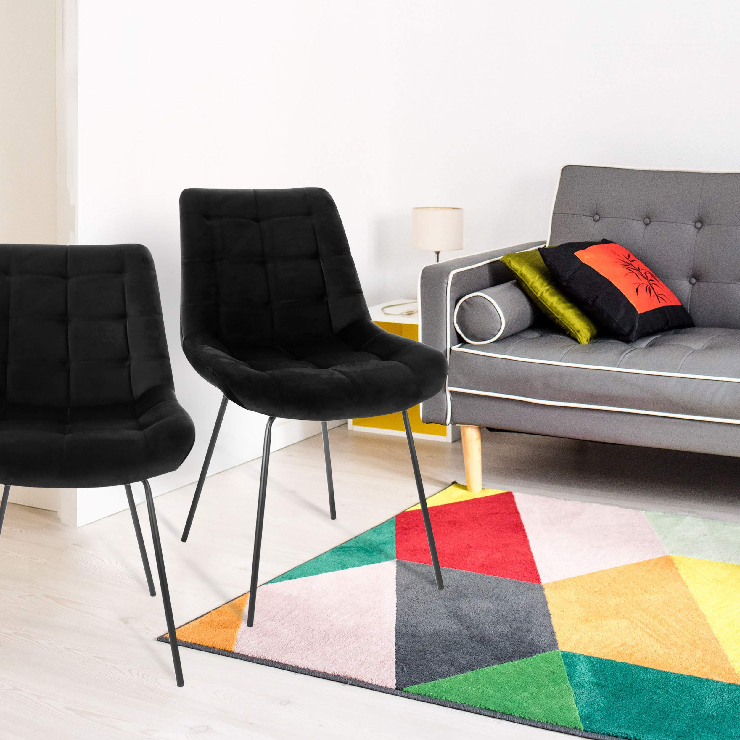 Elama Tufted Chair Set of 2 – Black Flannelette with Metal Legs