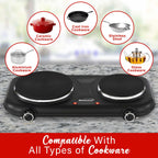 Brentwood TS-332BK 1100W Double Cast Iron Burner Electric Hot Plate with Temperature Control - Black