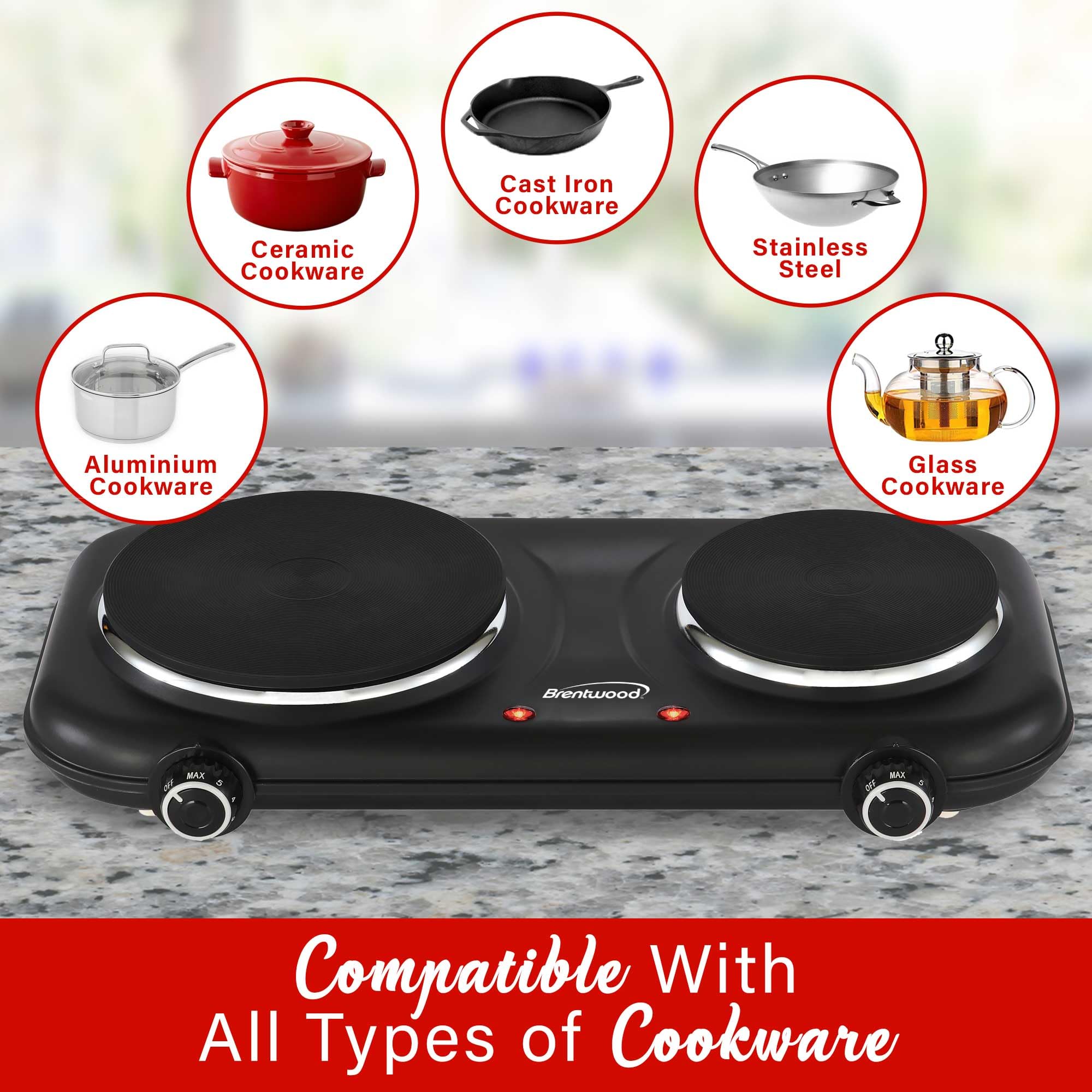 Brentwood TS-332BK 1100W Double Cast Iron Burner Electric Hot Plate with Temperature Control - Black