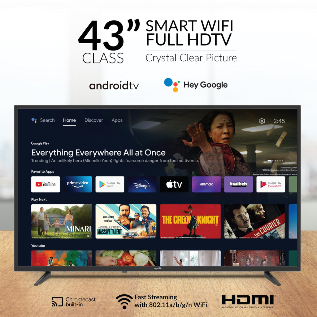 SuperSonic SC-4350GTV 43-Inch 1080p Full HD Smart LED TV - Google Assistant, 3 HDMI, Optical Out, Ethernet