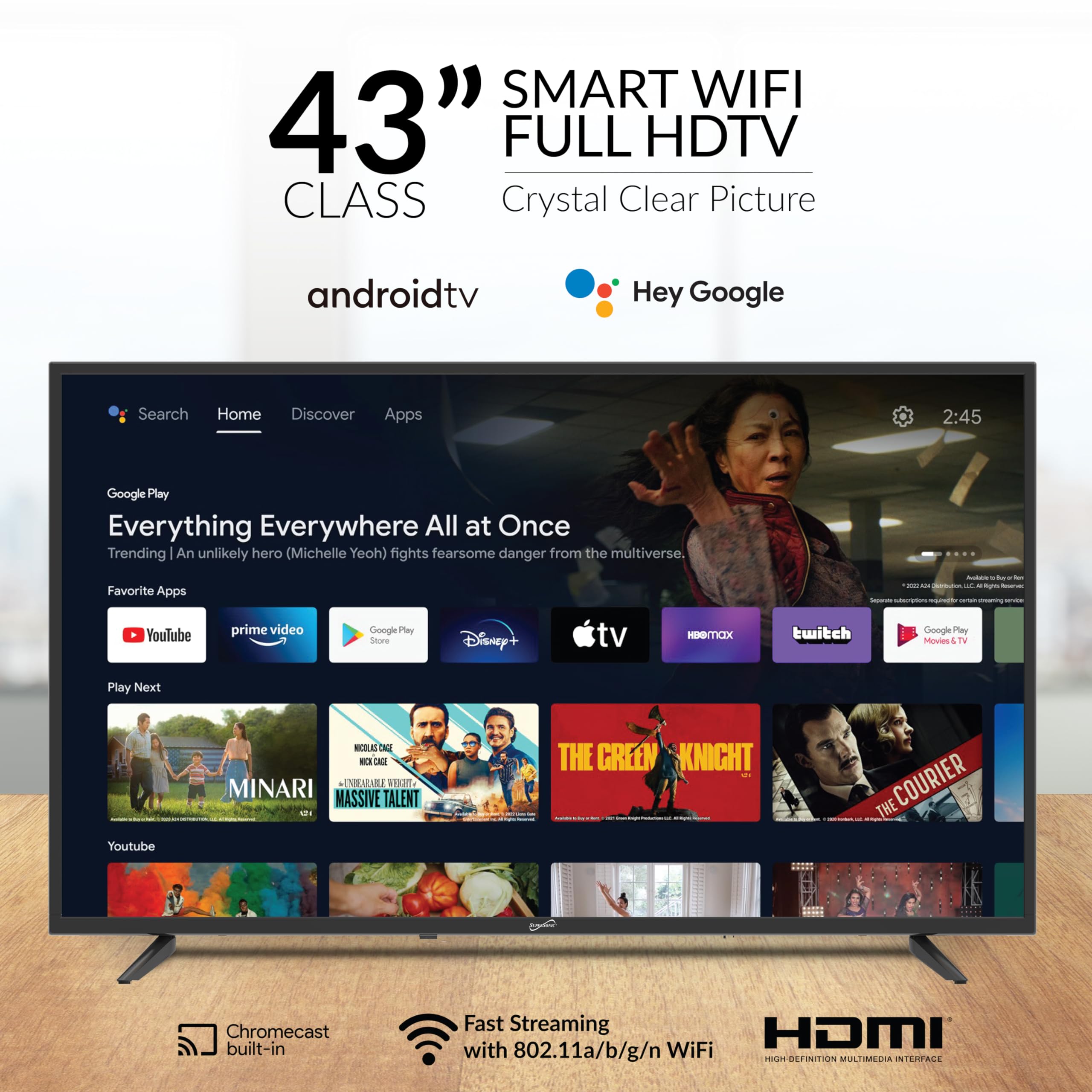 SuperSonic SC-4350GTV 43-Inch 1080p Full HD Smart LED TV - Google Assistant, 3 HDMI, Optical Out, Ethernet