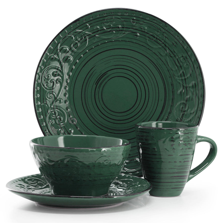 Elama Malibu Sea Glass 16-Piece Stoneware Dinnerware Set, Reactive Glaze Dark Green - Service for 4