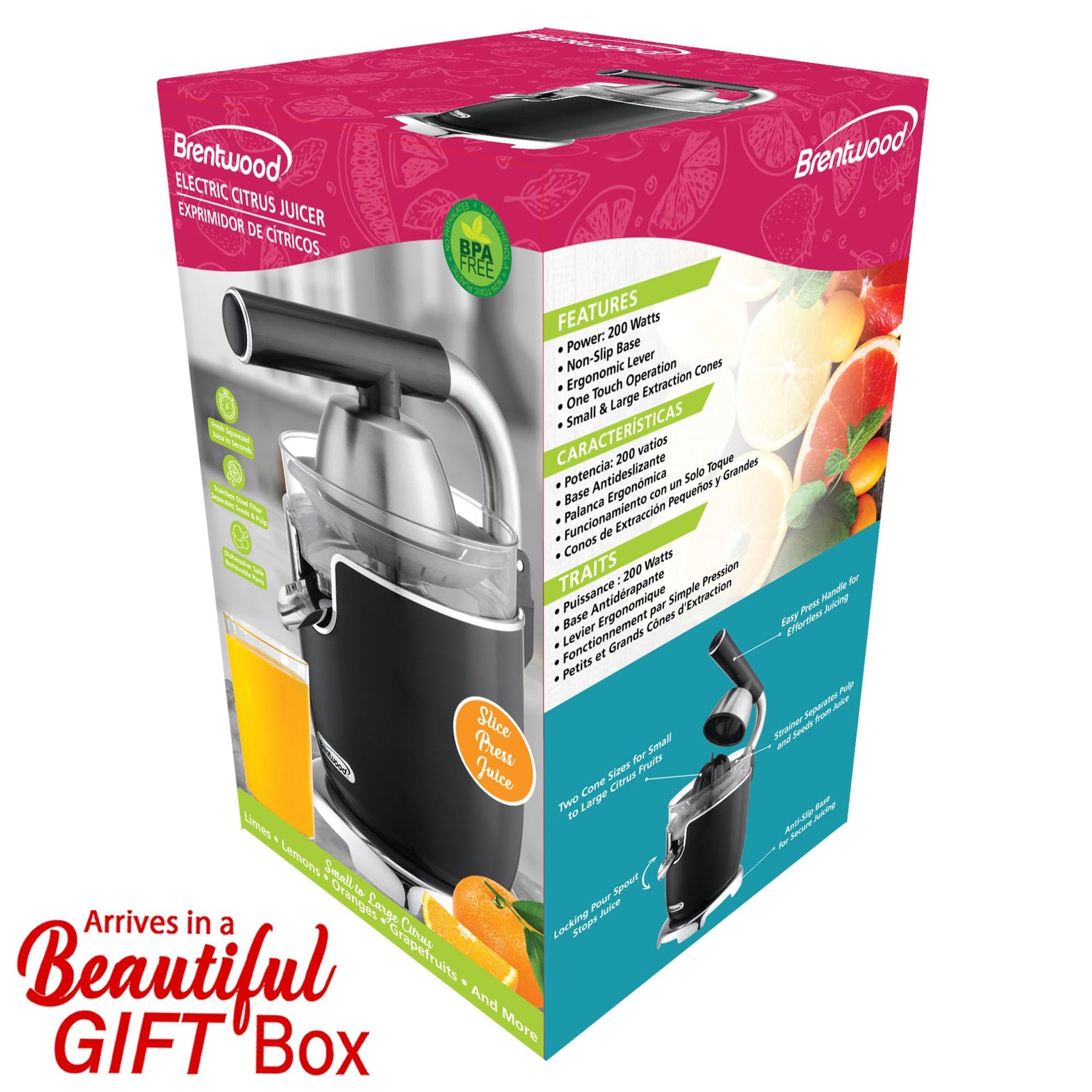 Brentwood J-28BK 200W Electric Citrus Juicer with Ergonomic Lever, Black