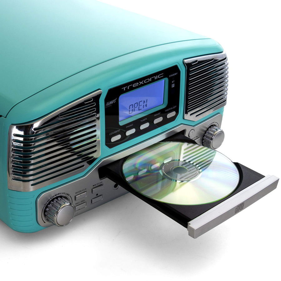 Trexonic Retro Record Player with Bluetooth, CD Player & 3-Speed Turntable, Turquoise