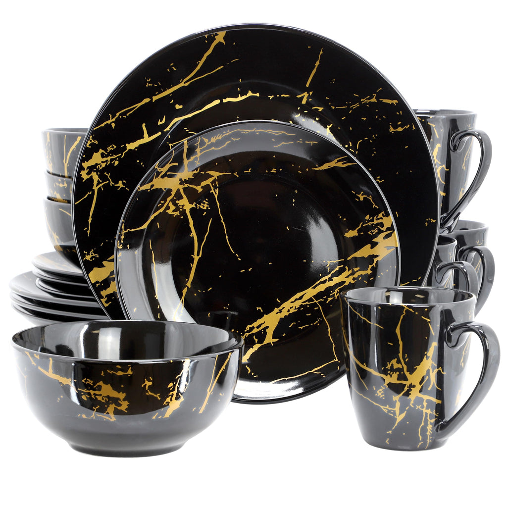 Elama Fine Marble 16 Piece Glossy Round Porcelain Dinnerware Set Black and Gold, Tableware Set, Serveware Set (Black)