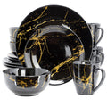 Elama Fine Marble 16 Piece Glossy Round Porcelain Dinnerware Set Black and Gold, Tableware Set, Serveware Set (Black)