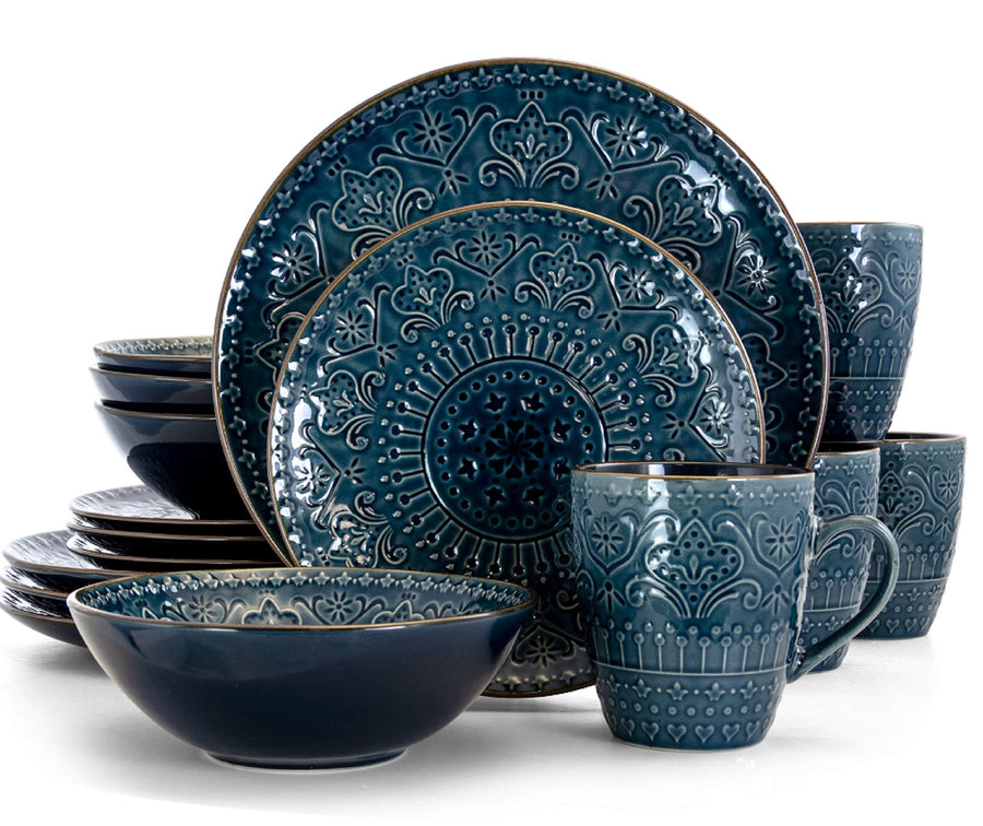 Elama Deep Sea Mozaic 16-piece sea blue stoneware dinnerware set for 4, embossed mandala plates, bowls and mugs, brown rim