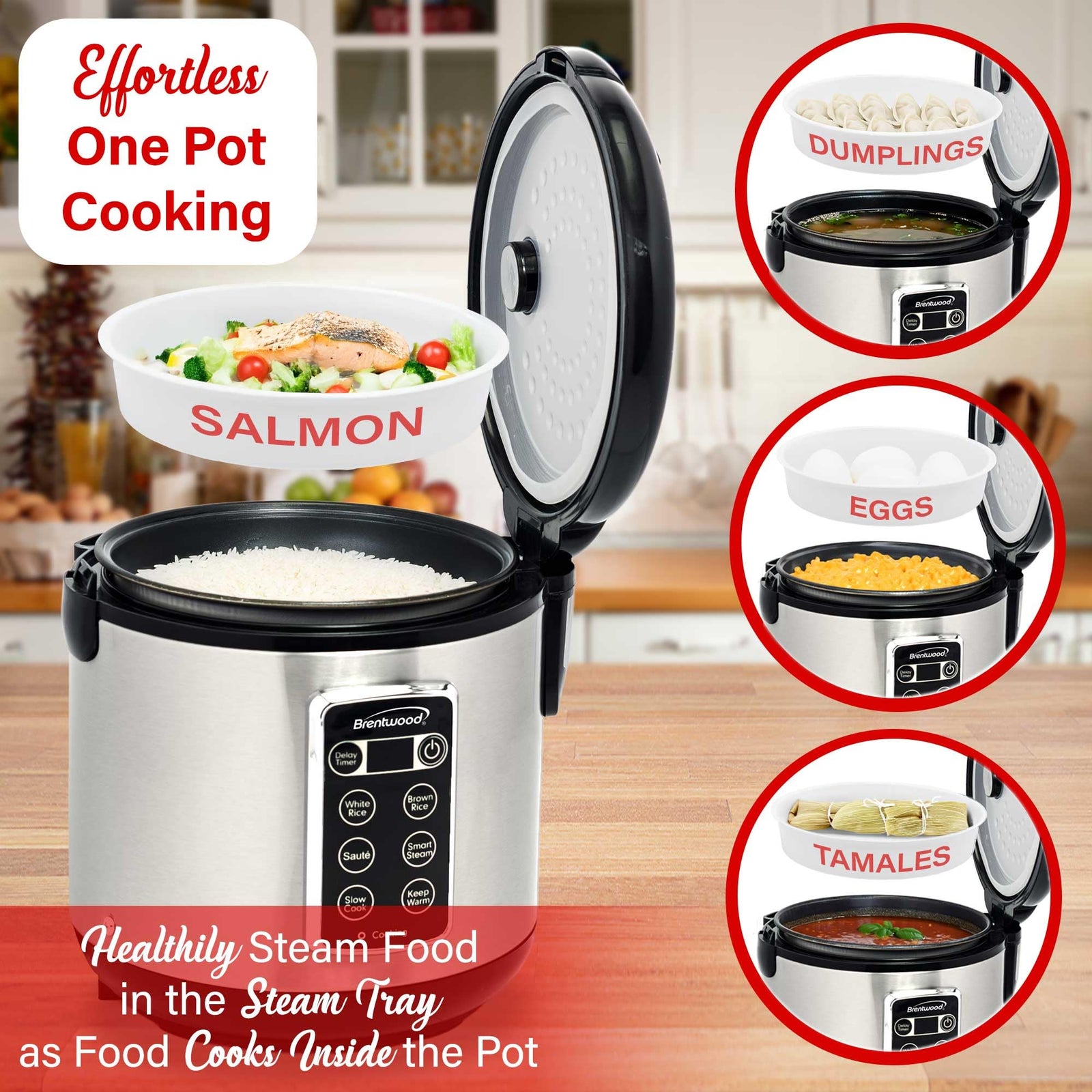 Brentwood RC-5116DS 6-Function Smart Multi-Cooker, 16 Cups Cooked, Stainless Steel