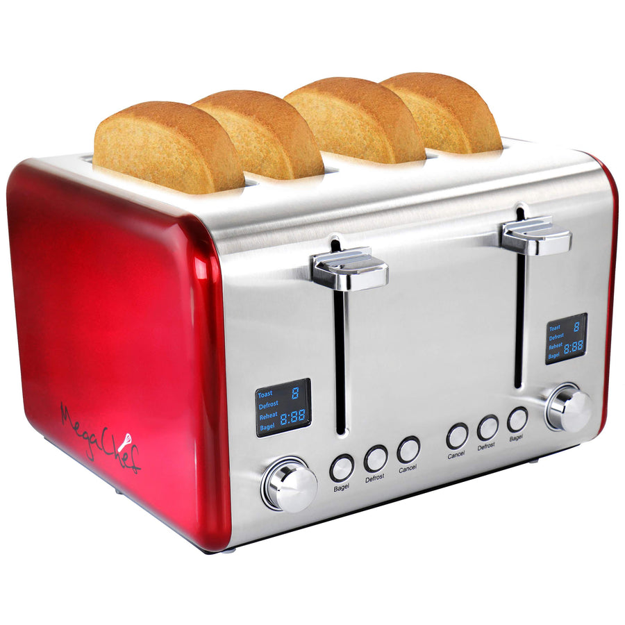 MegaChef 4-slice stainless steel and red toaster with LED timer and 1.5 inch wide slots