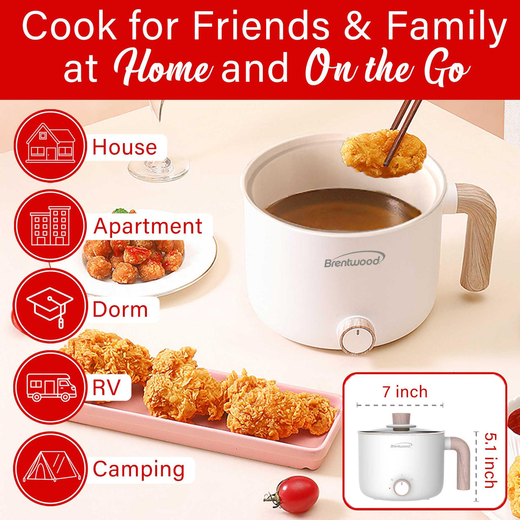 Brentwood HP-3170W 1.5L Multi-Function Electric Hot Pot Cooker - White, 600W with Ceramic Non-Stick Coating & Tempered Glass Lid