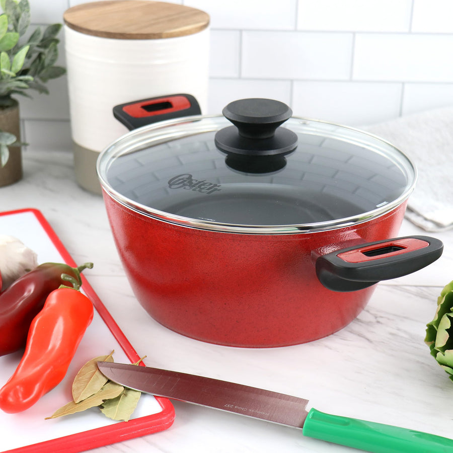 Oster Claybon 4.3-Quart Nonstick Forged Aluminum Dutch Oven with Lid, Speckled Red