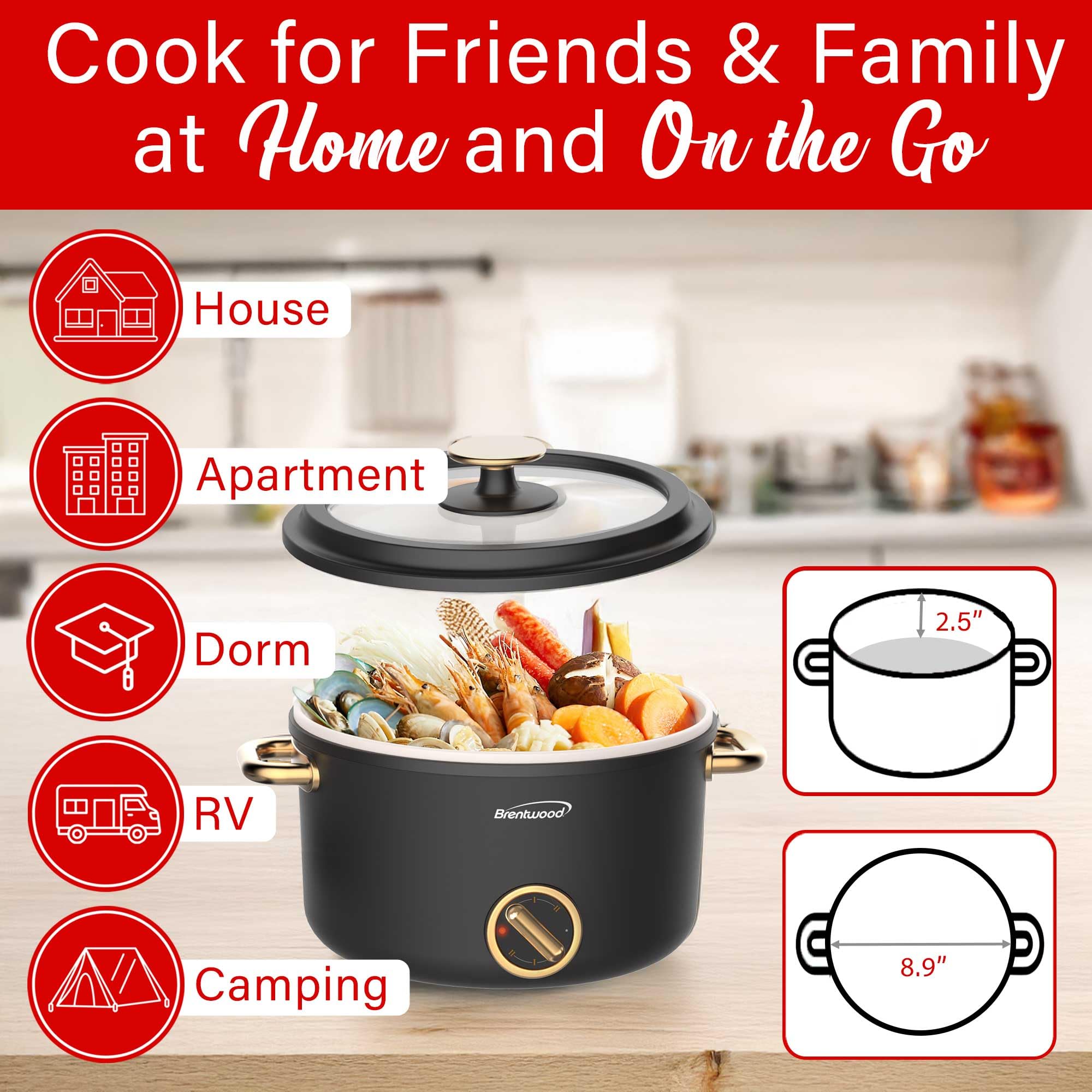 Brentwood HP-3250BK 2.5 Liter Multi-Function Electric Hot Pot Cooker with Ceramic Nonstick - Black