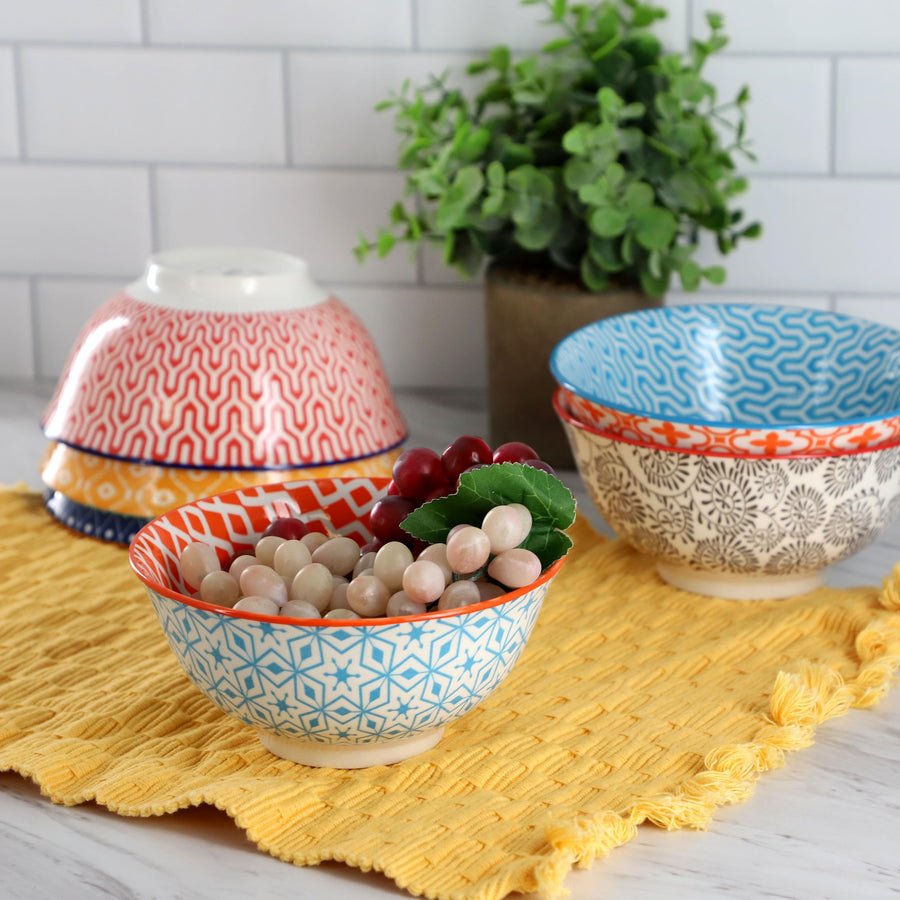 Elama Roxey 6-Piece 20 oz Porcelain Footed Bowl Set, Assorted Multicolor Designs