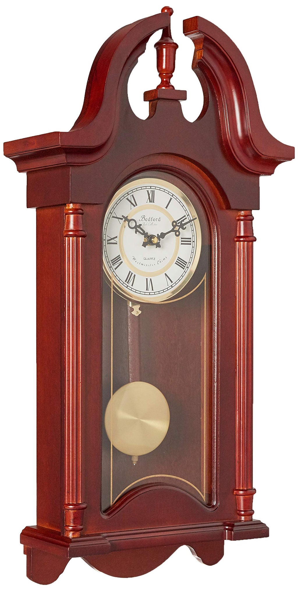 Bedford Clock Collection 26.5" Colonial Chiming Wall Clock – Mahogany Cherry Oak Finish, Quartz Movement with Swinging Pendulum & Roman Numeral Dial