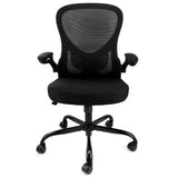 Elama black mid-back mesh office chair, front view showing the mesh back, built-in lumbar curve and padded armrests